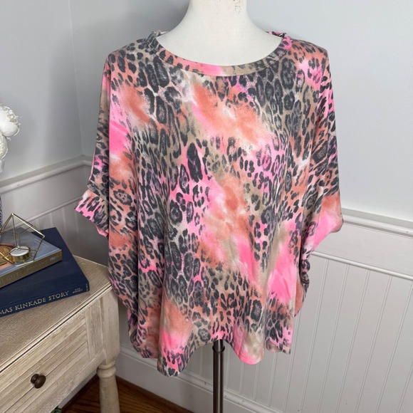 Dear Scarlett Tops - Dear Scarlett Pink Leopard Tie Dye Dolman Sleeve Oversized Top Small